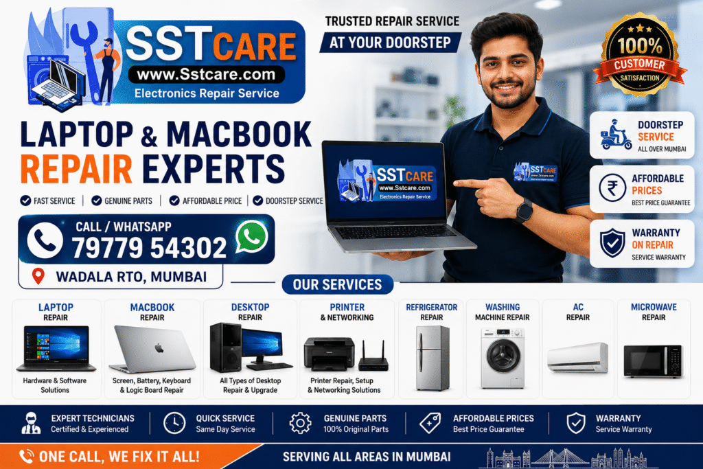 Best Laptop & MacBook Repair in Wadala RTO, Mumbai | Same Day Service | SST CARE In today's digital world, laptops and MacBooks have become an essential part of our daily lives. Whether you are a student attending online classes, a working professional managing important projects, a business owner handling operations, or a freelancer working remotely, a properly functioning laptop is crucial. However, technical issues can occur at any time—screen damage, battery failure, motherboard issues, overheating, software crashes, or accidental liquid spills. If you are looking for the Best Laptop & MacBook Repair in Wadala RTO, Mumbai, SST CARE is your trusted local repair partner. We specialize in providing professional, affordable, and same-day repair services for all major laptop brands and Apple MacBooks. Our expert technicians are trained to diagnose and repair a wide range of hardware and software problems quickly and efficiently. At SST CARE, we understand that your time is valuable. That's why we offer same-day doorstep repair services in Wadala RTO and nearby areas, ensuring that your device is back up and running as soon as possible. Why Choose SST CARE for Laptop & MacBook Repair in Wadala RTO? Finding a reliable laptop repair service can be challenging. Many service centers charge high prices, use duplicate parts, or take several days to complete repairs. SST CARE stands out because of our commitment to quality, transparency, and customer satisfaction. Our Key Advantages: Same Day Repair Service Doorstep Laptop Repair Certified & Experienced Technicians Affordable Pricing Genuine Spare Parts Free Diagnosis (Selected Services) MacBook Repair Specialists Pickup & Drop Facility Available Service Warranty Support for All Major Brands Whether you own a Dell, HP, Lenovo, Acer, ASUS, Apple, MSI, Samsung, Toshiba, or Sony laptop, our team has the expertise to handle all types of repairs. Laptop Repair Services Offered by SST CARE 1. Laptop Screen Replacement A cracked or flickering screen can significantly affect your productivity. We provide screen replacement services for all laptop brands. Common screen issues include: Broken Screen Black Display Flickering Screen White Screen Problem Horizontal/Vertical Lines Backlight Issues Our technicians use high-quality replacement screens to ensure excellent display performance. 2. Laptop Keyboard Repair Laptop keyboards are prone to wear and tear over time. If your keys are not working or have become sticky due to liquid damage, SST CARE can help. Common Keyboard Problems: Missing Keys Unresponsive Keyboard Water Damage Backlight Issues Random Typing Problems We provide both keyboard repairs and complete keyboard replacement services. 3. Laptop Battery Replacement Does your laptop battery drain quickly? Is your laptop shutting down unexpectedly? We offer: Genuine Battery Replacement Battery Health Check Charging Port Diagnosis Adapter Testing A healthy battery ensures better performance and longer device life. 4. Motherboard Repair Motherboard repairs require specialized skills and advanced equipment. SST CARE offers chip-level motherboard repair services. Common Motherboard Issues: Laptop Not Turning On No Display Power Failure Short Circuit Liquid Damage Burnt Components Replacing a motherboard can be expensive, but in many cases, our technicians can repair it at a fraction of the cost. 5. SSD & RAM Upgrades If your laptop has become slow, upgrading to an SSD can dramatically improve performance. Upgrade Services: SSD Installation RAM Upgrade Windows Installation Data Migration Performance Optimization Benefits of SSD Upgrade: Faster Boot Time Improved Performance Better Reliability Enhanced Multitasking Professional MacBook Repair Services in Wadala RTO Apple MacBooks are premium devices that require specialized expertise. SST CARE provides professional MacBook repair services for all models. Supported Models: MacBook Air MacBook Pro M1 MacBook M2 MacBook Intel MacBooks Retina Display MacBooks MacBook Screen Repair MacBook screens are delicate and expensive. Our technicians use advanced tools to repair or replace damaged displays. Screen Problems We Fix: Cracked Screen Dead Pixels Display Flickering Black Screen Liquid Damage MacBook Battery Replacement If your MacBook battery displays messages like: Service Recommended Battery Not Charging Battery Health Low It may be time for a replacement. MacBook Logic Board Repair Logic board issues are among the most complex repairs. SST CARE specializes in: Chip-Level Repairs Power IC Replacement Liquid Damage Repair Short Circuit Repair Our team has extensive experience handling Apple devices. MacBook Keyboard & Trackpad Repair Common issues include: Sticky Keys Non-Responsive Keyboard Faulty Trackpad Double Typing We provide reliable repair solutions using quality replacement parts. Software Services Apart from hardware repairs, SST CARE also provides software support. Services Include: Windows Installation macOS Installation Driver Installation Virus Removal Data Backup Data Recovery Microsoft Office Setup Antivirus Installation Software issues can impact productivity, and our technicians ensure your system runs smoothly. Data Recovery Services Lost important files? Don't panic. We provide: Hard Disk Recovery SSD Recovery Deleted File Recovery External Drive Recovery Pen Drive Recovery Our data recovery experts use advanced techniques to retrieve your valuable information. Common Laptop Problems We Repair Hardware Problems Broken Hinges Speaker Issues Charging Port Damage Fan Replacement Touchpad Issues Overheating Problems Software Problems Blue Screen Error Slow Performance Boot Failure Virus Infection System Crash Application Errors Doorstep Laptop Repair Service in Wadala RTO SST CARE offers convenient doorstep services across Wadala RTO and nearby areas. Service Areas: Wadala RTO Wadala East Wadala West Dadar Matunga Sion Chembur Kurla Sewri King's Circle Antop Hill Bhakti Park Our technician visits your location with the necessary tools and performs repairs whenever possible. Brands We Repair Laptop Brands: Dell HP Lenovo Acer ASUS MSI Samsung Toshiba Sony Fujitsu Apple Devices: MacBook Air MacBook Pro iMac Mac Mini Why Local Customers Trust SST CARE Over the years, SST CARE has built a reputation for delivering high-quality repair services. Customer Benefits: Transparent Pricing No Hidden Charges Fast Turnaround Time Experienced Technicians Genuine Parts Friendly Support Warranty on Repairs Customer satisfaction is our top priority, and we strive to exceed expectations with every service. Laptop Maintenance Tips To increase the lifespan of your laptop: 1. Keep It Clean Dust accumulation can cause overheating. Clean your laptop regularly. 2. Use a Cooling Pad Cooling pads improve airflow and reduce internal temperatures. 3. Avoid Overcharging Continuous charging can reduce battery lifespan. 4. Install Antivirus Protect your laptop from malware and cyber threats. 5. Backup Your Data Always maintain backups of important files. 6. Update Software Regular updates improve security and performance. Signs Your Laptop Needs Immediate Repair If you notice any of the following signs, contact SST CARE immediately: Laptop Not Turning On Frequent Shutdowns Slow Performance Strange Noises Overheating Screen Flickering Battery Swelling Charging Issues Ignoring these problems can result in costly repairs later. Benefits of Choosing Same Day Repair Save Time No need to wait for days to get your laptop repaired. Minimize Downtime Stay productive without interruptions. Quick Diagnosis Our technicians identify issues efficiently. Convenience Doorstep service makes repairs hassle-free. Affordable Pricing At SST CARE, we believe quality repairs should be accessible to everyone. We offer competitive pricing for: Service Starting Price Laptop Cleaning ₹499 SSD Upgrade ₹1,499 Keyboard Replacement ₹1,200 Battery Replacement ₹1,500 Screen Replacement ₹2,500 MacBook Diagnosis ₹499 (Prices may vary depending on model and parts availability.) How Our Repair Process Works Step 1: Contact Us Call or WhatsApp us with your issue. Step 2: Device Inspection Our technician diagnoses the problem. Step 3: Repair Estimate Receive a transparent quote. Step 4: Repair Begins Repairs are completed using quality parts. Step 5: Testing We thoroughly test the device. Step 6: Delivery Your laptop is returned in excellent condition. Frequently Asked Questions (FAQs) How long does laptop repair take? Most repairs are completed on the same day. Do you provide doorstep services? Yes, SST CARE offers doorstep repair services in Wadala RTO and surrounding areas. Do you repair Apple MacBooks? Absolutely! We specialize in MacBook repairs. Is there any warranty? Yes, warranty is provided on selected repairs. Do you use genuine parts? We use high-quality and genuine replacement parts whenever available. Contact SST CARE If you're searching for the Best Laptop & MacBook Repair in Wadala RTO, Mumbai, SST CARE is here to help. Contact Details: Company Name: SST CARE Phone: 7977954302 Website: www.sstcare.com Service Area: Wadala RTO, Mumbai Whether it's a broken screen, motherboard issue, battery replacement, SSD upgrade, or complete MacBook repair, SST CARE provides fast, reliable, and affordable solutions. Conclusion Your laptop and MacBook are essential tools for work, education, and entertainment. When technical problems arise, you need a trusted repair partner that delivers quality service without unnecessary delays. SST CARE has become a preferred choice for customers in Wadala RTO, Mumbai, thanks to our experienced technicians, transparent pricing, same-day repairs, and doorstep support. We are committed to helping individuals and businesses stay connected by providing professional repair services for all major laptop brands and Apple devices. If you're experiencing issues with your laptop or MacBook, don't wait. Contact SST CARE today and experience the difference of expert repair services. Primary Keywords: Laptop Repair Wadala RTO MacBook Repair Wadala Mumbai Laptop Repair Near Me MacBook Service Center Wadala Same Day Laptop Repair Mumbai Doorstep Laptop Repair Wadala Laptop Screen Replacement Mumbai SSD Upgrade Service Mumbai Apple MacBook Repair Mumbai SST CARE Wadala RTO This SEO blog is optimized for local searches and designed to improve visibility for customers searching for laptop and MacBook repair services in Wadala RTO, Mumbai.