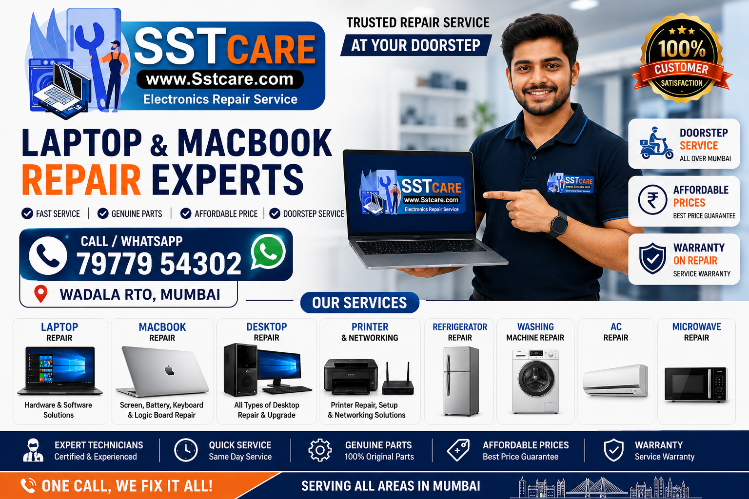 Best Laptop & MacBook Repair in Wadala RTO, Mumbai | Same Day Service | SST CARE In today's digital world, laptops and MacBooks have become an essential part of our daily lives. Whether you are a student attending online classes, a working professional managing important projects, a business owner handling operations, or a freelancer working remotely, a properly functioning laptop is crucial. However, technical issues can occur at any time—screen damage, battery failure, motherboard issues, overheating, software crashes, or accidental liquid spills. If you are looking for the Best Laptop & MacBook Repair in Wadala RTO, Mumbai, SST CARE is your trusted local repair partner. We specialize in providing professional, affordable, and same-day repair services for all major laptop brands and Apple MacBooks. Our expert technicians are trained to diagnose and repair a wide range of hardware and software problems quickly and efficiently. At SST CARE, we understand that your time is valuable. That's why we offer same-day doorstep repair services in Wadala RTO and nearby areas, ensuring that your device is back up and running as soon as possible. Why Choose SST CARE for Laptop & MacBook Repair in Wadala RTO? Finding a reliable laptop repair service can be challenging. Many service centers charge high prices, use duplicate parts, or take several days to complete repairs. SST CARE stands out because of our commitment to quality, transparency, and customer satisfaction. Our Key Advantages: Same Day Repair Service Doorstep Laptop Repair Certified & Experienced Technicians Affordable Pricing Genuine Spare Parts Free Diagnosis (Selected Services) MacBook Repair Specialists Pickup & Drop Facility Available Service Warranty Support for All Major Brands Whether you own a Dell, HP, Lenovo, Acer, ASUS, Apple, MSI, Samsung, Toshiba, or Sony laptop, our team has the expertise to handle all types of repairs. Laptop Repair Services Offered by SST CARE 1. Laptop Screen Replacement A cracked or flickering screen can significantly affect your productivity. We provide screen replacement services for all laptop brands. Common screen issues include: Broken Screen Black Display Flickering Screen White Screen Problem Horizontal/Vertical Lines Backlight Issues Our technicians use high-quality replacement screens to ensure excellent display performance. 2. Laptop Keyboard Repair Laptop keyboards are prone to wear and tear over time. If your keys are not working or have become sticky due to liquid damage, SST CARE can help. Common Keyboard Problems: Missing Keys Unresponsive Keyboard Water Damage Backlight Issues Random Typing Problems We provide both keyboard repairs and complete keyboard replacement services. 3. Laptop Battery Replacement Does your laptop battery drain quickly? Is your laptop shutting down unexpectedly? We offer: Genuine Battery Replacement Battery Health Check Charging Port Diagnosis Adapter Testing A healthy battery ensures better performance and longer device life. 4. Motherboard Repair Motherboard repairs require specialized skills and advanced equipment. SST CARE offers chip-level motherboard repair services. Common Motherboard Issues: Laptop Not Turning On No Display Power Failure Short Circuit Liquid Damage Burnt Components Replacing a motherboard can be expensive, but in many cases, our technicians can repair it at a fraction of the cost. 5. SSD & RAM Upgrades If your laptop has become slow, upgrading to an SSD can dramatically improve performance. Upgrade Services: SSD Installation RAM Upgrade Windows Installation Data Migration Performance Optimization Benefits of SSD Upgrade: Faster Boot Time Improved Performance Better Reliability Enhanced Multitasking Professional MacBook Repair Services in Wadala RTO Apple MacBooks are premium devices that require specialized expertise. SST CARE provides professional MacBook repair services for all models. Supported Models: MacBook Air MacBook Pro M1 MacBook M2 MacBook Intel MacBooks Retina Display MacBooks MacBook Screen Repair MacBook screens are delicate and expensive. Our technicians use advanced tools to repair or replace damaged displays. Screen Problems We Fix: Cracked Screen Dead Pixels Display Flickering Black Screen Liquid Damage MacBook Battery Replacement If your MacBook battery displays messages like: Service Recommended Battery Not Charging Battery Health Low It may be time for a replacement. MacBook Logic Board Repair Logic board issues are among the most complex repairs. SST CARE specializes in: Chip-Level Repairs Power IC Replacement Liquid Damage Repair Short Circuit Repair Our team has extensive experience handling Apple devices. MacBook Keyboard & Trackpad Repair Common issues include: Sticky Keys Non-Responsive Keyboard Faulty Trackpad Double Typing We provide reliable repair solutions using quality replacement parts. Software Services Apart from hardware repairs, SST CARE also provides software support. Services Include: Windows Installation macOS Installation Driver Installation Virus Removal Data Backup Data Recovery Microsoft Office Setup Antivirus Installation Software issues can impact productivity, and our technicians ensure your system runs smoothly. Data Recovery Services Lost important files? Don't panic. We provide: Hard Disk Recovery SSD Recovery Deleted File Recovery External Drive Recovery Pen Drive Recovery Our data recovery experts use advanced techniques to retrieve your valuable information. Common Laptop Problems We Repair Hardware Problems Broken Hinges Speaker Issues Charging Port Damage Fan Replacement Touchpad Issues Overheating Problems Software Problems Blue Screen Error Slow Performance Boot Failure Virus Infection System Crash Application Errors Doorstep Laptop Repair Service in Wadala RTO SST CARE offers convenient doorstep services across Wadala RTO and nearby areas. Service Areas: Wadala RTO Wadala East Wadala West Dadar Matunga Sion Chembur Kurla Sewri King's Circle Antop Hill Bhakti Park Our technician visits your location with the necessary tools and performs repairs whenever possible. Brands We Repair Laptop Brands: Dell HP Lenovo Acer ASUS MSI Samsung Toshiba Sony Fujitsu Apple Devices: MacBook Air MacBook Pro iMac Mac Mini Why Local Customers Trust SST CARE Over the years, SST CARE has built a reputation for delivering high-quality repair services. Customer Benefits: Transparent Pricing No Hidden Charges Fast Turnaround Time Experienced Technicians Genuine Parts Friendly Support Warranty on Repairs Customer satisfaction is our top priority, and we strive to exceed expectations with every service. Laptop Maintenance Tips To increase the lifespan of your laptop: 1. Keep It Clean Dust accumulation can cause overheating. Clean your laptop regularly. 2. Use a Cooling Pad Cooling pads improve airflow and reduce internal temperatures. 3. Avoid Overcharging Continuous charging can reduce battery lifespan. 4. Install Antivirus Protect your laptop from malware and cyber threats. 5. Backup Your Data Always maintain backups of important files. 6. Update Software Regular updates improve security and performance. Signs Your Laptop Needs Immediate Repair If you notice any of the following signs, contact SST CARE immediately: Laptop Not Turning On Frequent Shutdowns Slow Performance Strange Noises Overheating Screen Flickering Battery Swelling Charging Issues Ignoring these problems can result in costly repairs later. Benefits of Choosing Same Day Repair Save Time No need to wait for days to get your laptop repaired. Minimize Downtime Stay productive without interruptions. Quick Diagnosis Our technicians identify issues efficiently. Convenience Doorstep service makes repairs hassle-free. Affordable Pricing At SST CARE, we believe quality repairs should be accessible to everyone. We offer competitive pricing for: Service Starting Price Laptop Cleaning ₹499 SSD Upgrade ₹1,499 Keyboard Replacement ₹1,200 Battery Replacement ₹1,500 Screen Replacement ₹2,500 MacBook Diagnosis ₹499 (Prices may vary depending on model and parts availability.) How Our Repair Process Works Step 1: Contact Us Call or WhatsApp us with your issue. Step 2: Device Inspection Our technician diagnoses the problem. Step 3: Repair Estimate Receive a transparent quote. Step 4: Repair Begins Repairs are completed using quality parts. Step 5: Testing We thoroughly test the device. Step 6: Delivery Your laptop is returned in excellent condition. Frequently Asked Questions (FAQs) How long does laptop repair take? Most repairs are completed on the same day. Do you provide doorstep services? Yes, SST CARE offers doorstep repair services in Wadala RTO and surrounding areas. Do you repair Apple MacBooks? Absolutely! We specialize in MacBook repairs. Is there any warranty? Yes, warranty is provided on selected repairs. Do you use genuine parts? We use high-quality and genuine replacement parts whenever available. Contact SST CARE If you're searching for the Best Laptop & MacBook Repair in Wadala RTO, Mumbai, SST CARE is here to help. Contact Details: Company Name: SST CARE Phone: 7977954302 Website: www.sstcare.com Service Area: Wadala RTO, Mumbai Whether it's a broken screen, motherboard issue, battery replacement, SSD upgrade, or complete MacBook repair, SST CARE provides fast, reliable, and affordable solutions. Conclusion Your laptop and MacBook are essential tools for work, education, and entertainment. When technical problems arise, you need a trusted repair partner that delivers quality service without unnecessary delays. SST CARE has become a preferred choice for customers in Wadala RTO, Mumbai, thanks to our experienced technicians, transparent pricing, same-day repairs, and doorstep support. We are committed to helping individuals and businesses stay connected by providing professional repair services for all major laptop brands and Apple devices. If you're experiencing issues with your laptop or MacBook, don't wait. Contact SST CARE today and experience the difference of expert repair services. Primary Keywords: Laptop Repair Wadala RTO MacBook Repair Wadala Mumbai Laptop Repair Near Me MacBook Service Center Wadala Same Day Laptop Repair Mumbai Doorstep Laptop Repair Wadala Laptop Screen Replacement Mumbai SSD Upgrade Service Mumbai Apple MacBook Repair Mumbai SST CARE Wadala RTO This SEO blog is optimized for local searches and designed to improve visibility for customers searching for laptop and MacBook repair services in Wadala RTO, Mumbai.